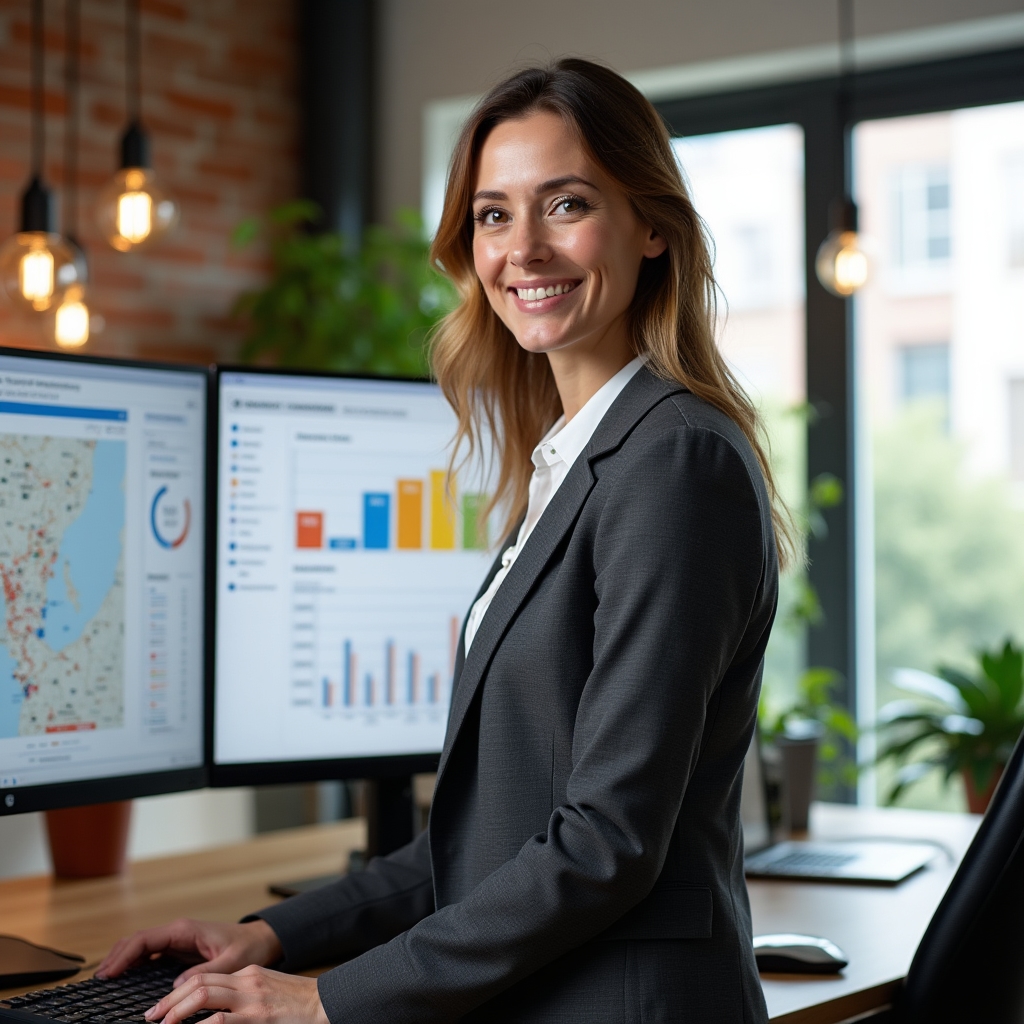 Property manager at desk reviewing multi-property maintenance dashboard with color-coded priority indicators