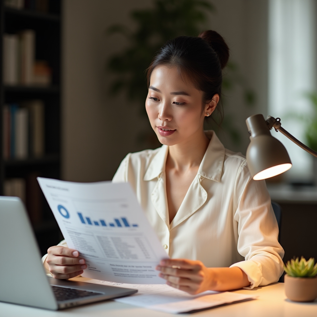 Property owner reviewing printed monthly maintenance summary report with graphs and work order list at a clean desk