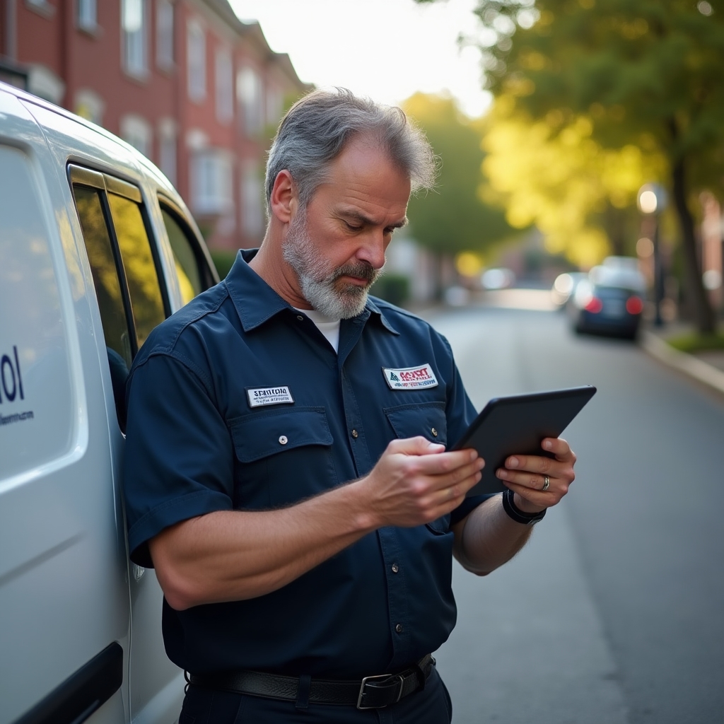 Contractor in work clothes reviewing job details on tablet showing property address and maintenance issue photos